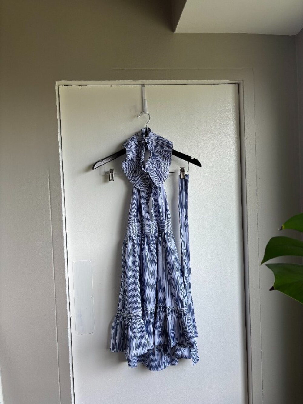 Blue White Striped Halter Sundress Ruffle Hem